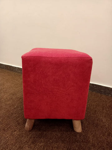 Red Velvet Ottoman Stool – Cube Shape with Wooden Legs