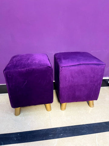 Purple Velvet Ottoman Stool Set – Wooden Legs, Soft Finish