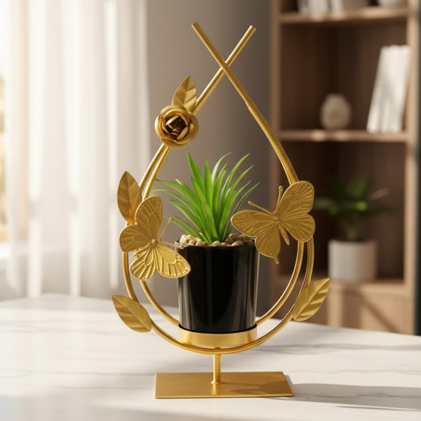 Golden Metal Butterfly & Floral Pot With Ceramic Plant