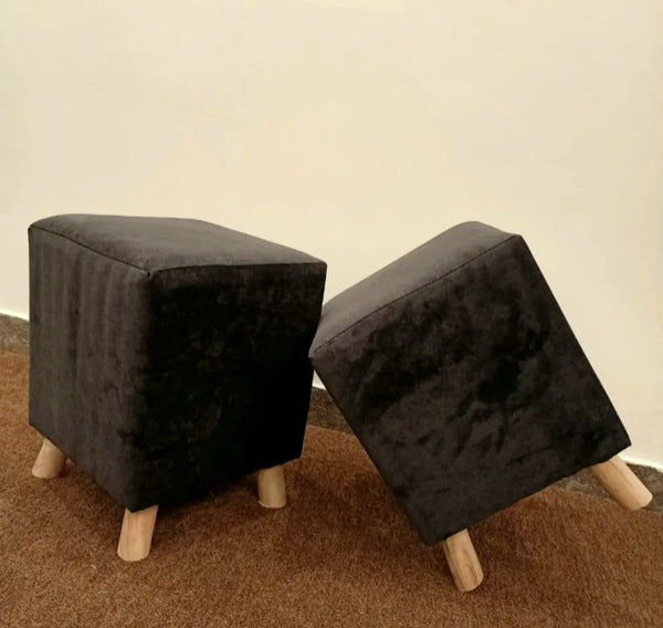 Black Velvet Ottoman Stool – Modern Cube with Wooden Legs