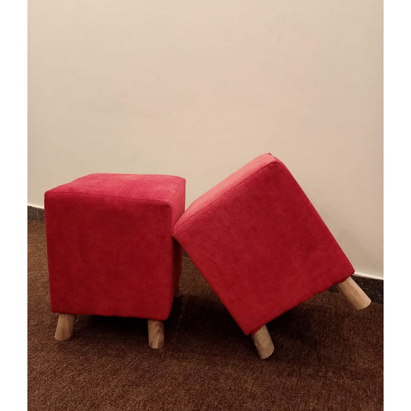 Red Velvet Ottoman Stool – Cube Shape with Wooden Legs