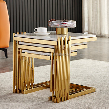Luxury Livingroom Iron  furniture  coffee table set marble Texture top side table set