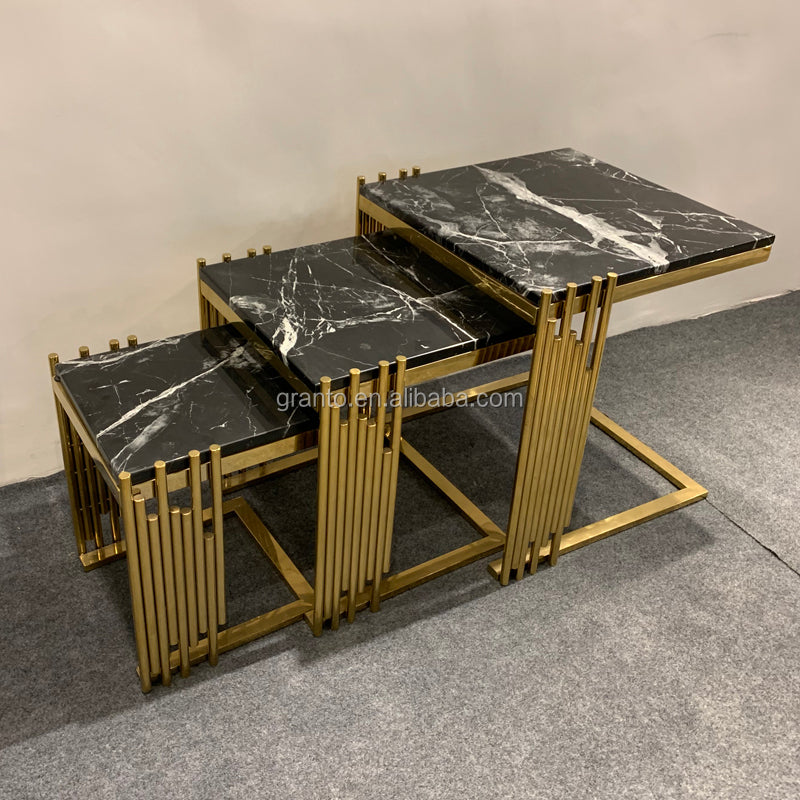 Luxury Livingroom Iron  furniture  coffee table set marble Texture top side table set