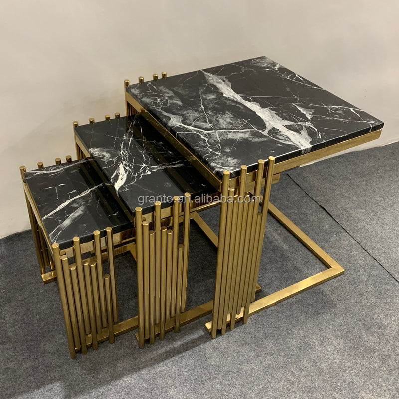 Luxury Livingroom Iron  furniture  coffee table set marble Texture top side table set