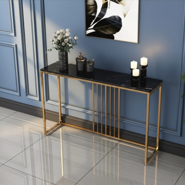 Golden Metallic Rectangular Shaped Marble Designer Console Table