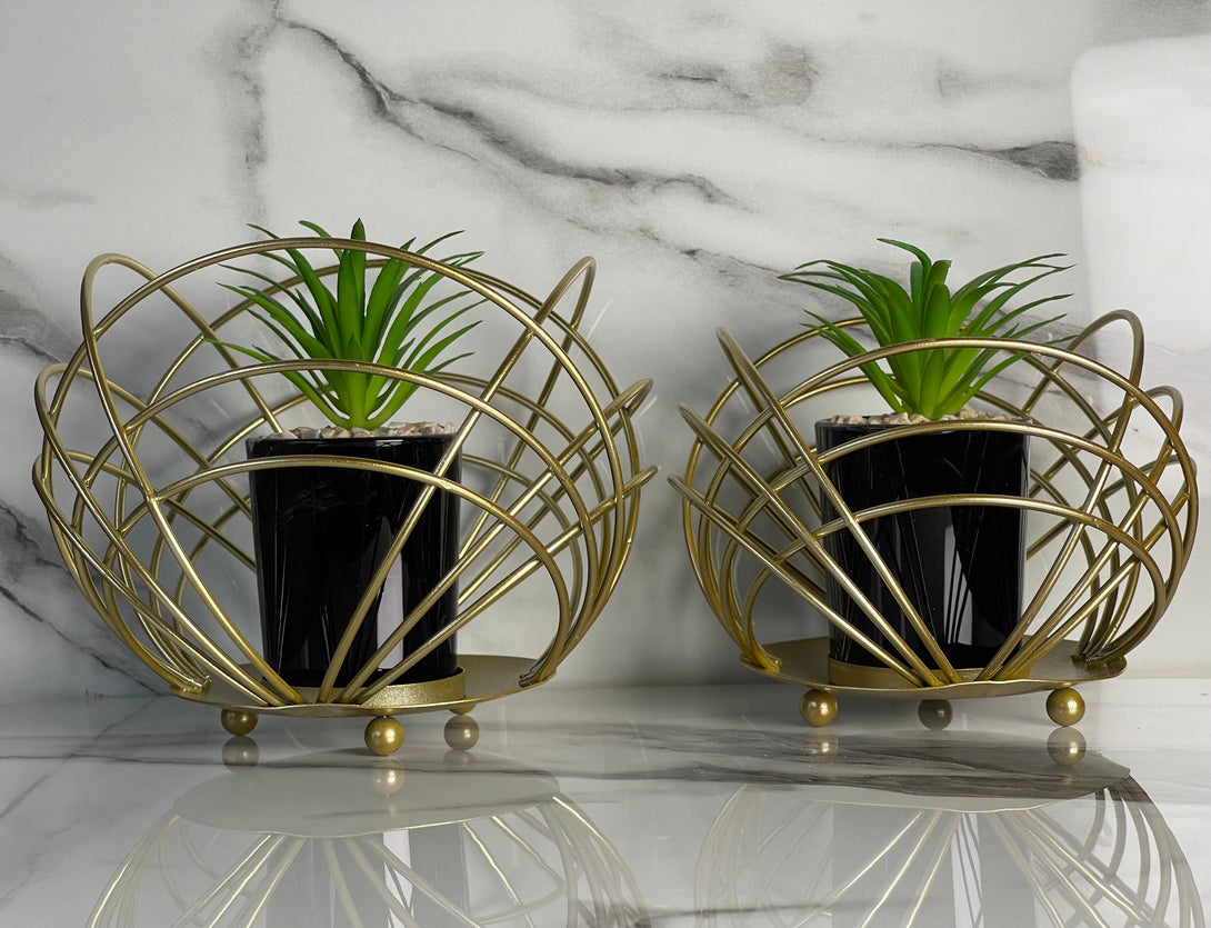 Set of 2 Metal Wire Plant Holders with Ceramic Cactus – Home Decoration