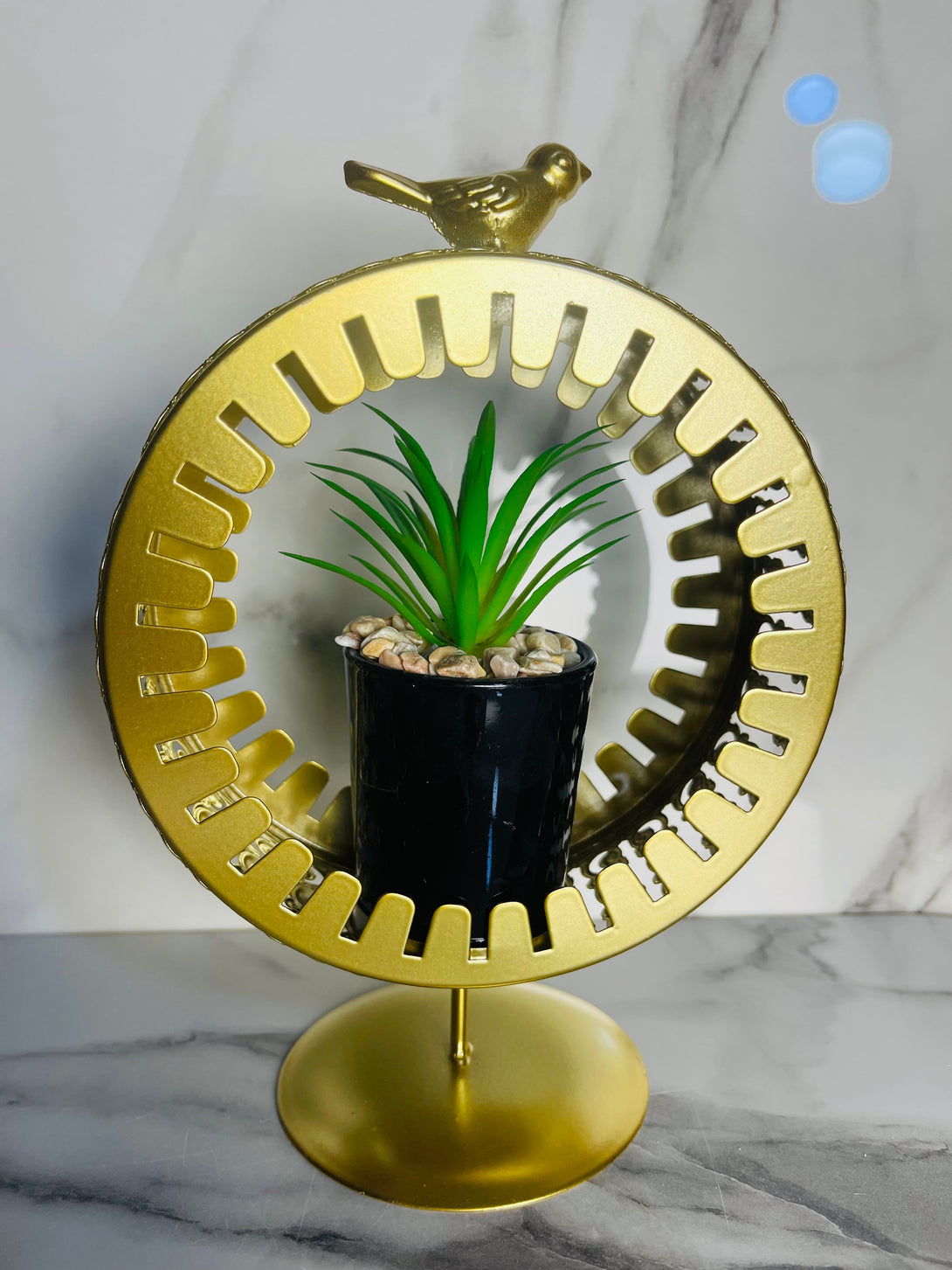 Golden Metal Frame with Bird Accent & Ceramic Cactus Plant – Elegant Table Decor