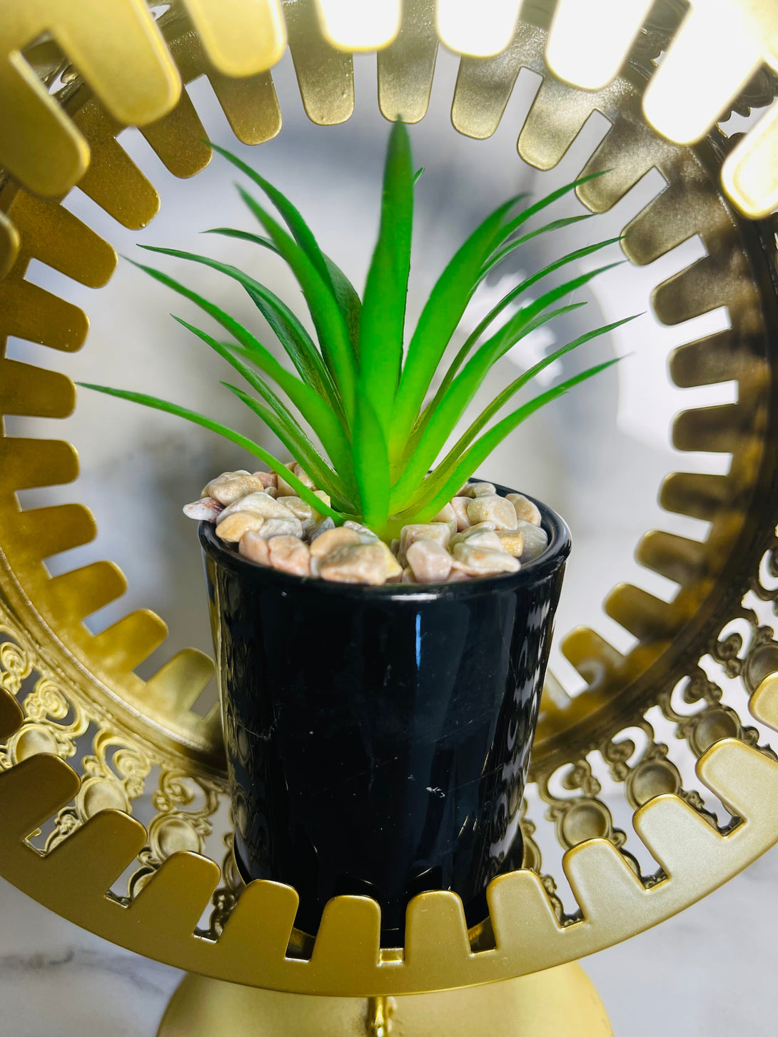 Golden Metal Frame with Bird Accent & Ceramic Cactus Plant – Elegant Table Decor