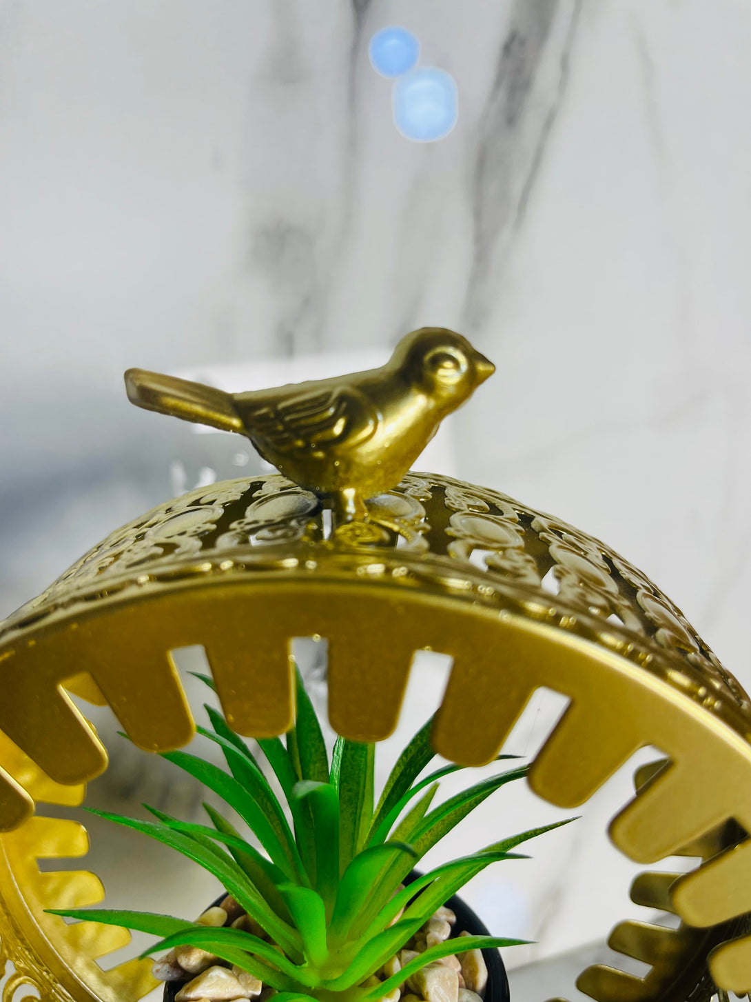 Golden Metal Frame with Bird Accent & Ceramic Cactus Plant – Elegant Table Decor