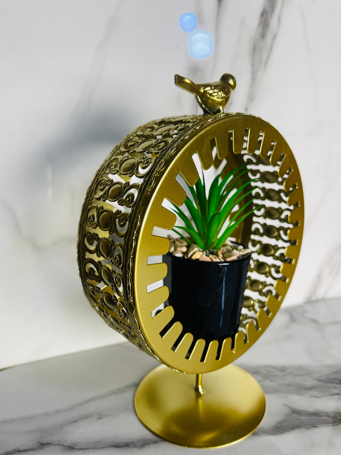 Golden Metal Frame with Bird Accent & Ceramic Cactus Plant – Elegant Table Decor