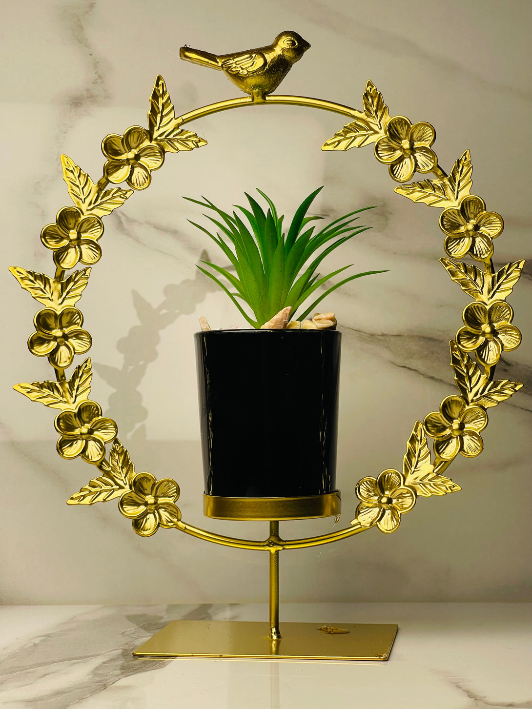 Bird & Floral Metal Frame with Ceramic Cactus – Elegant Home Decor Accent