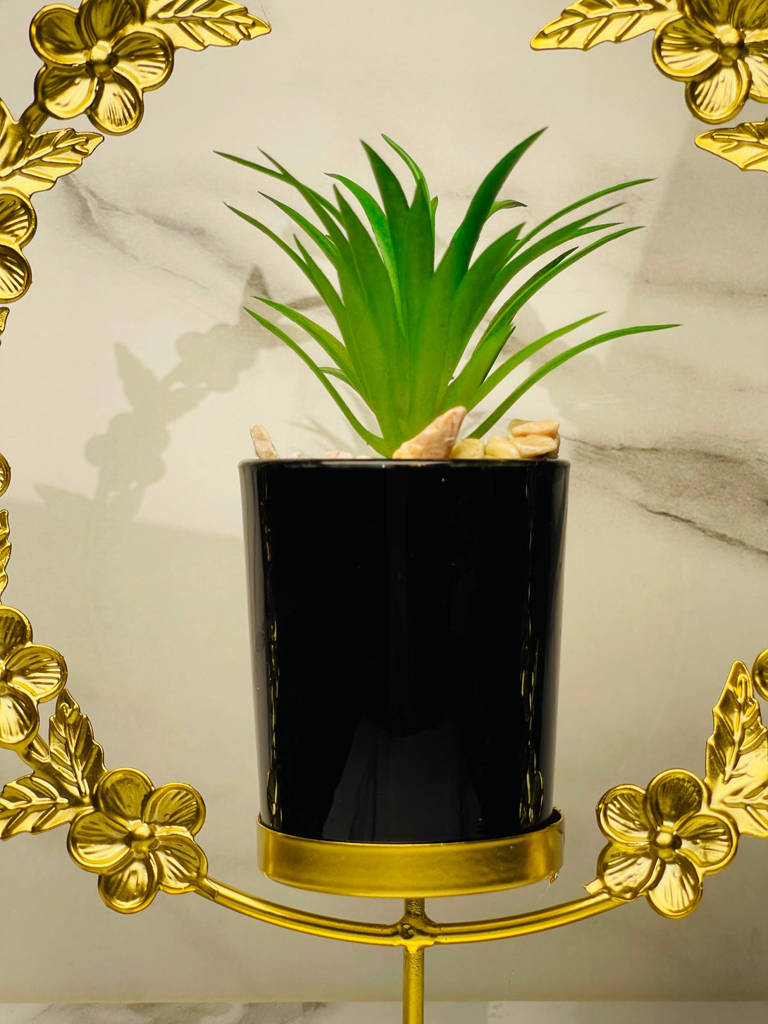 Bird & Floral Metal Frame with Ceramic Cactus – Elegant Home Decor Accent