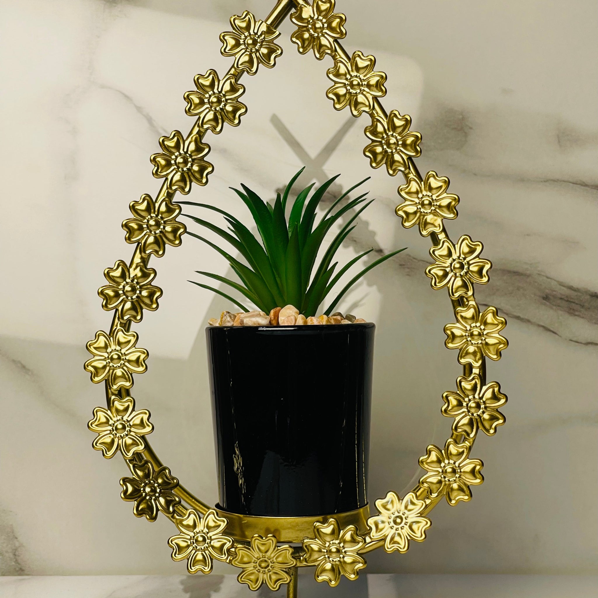Metal Floral Frame with Ceramic Cactus Plant – Elegant Tabletop Decor