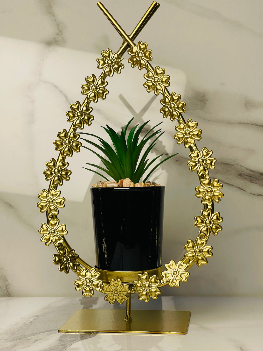 Metal Floral Frame with Ceramic Cactus Plant – Elegant Tabletop Decor