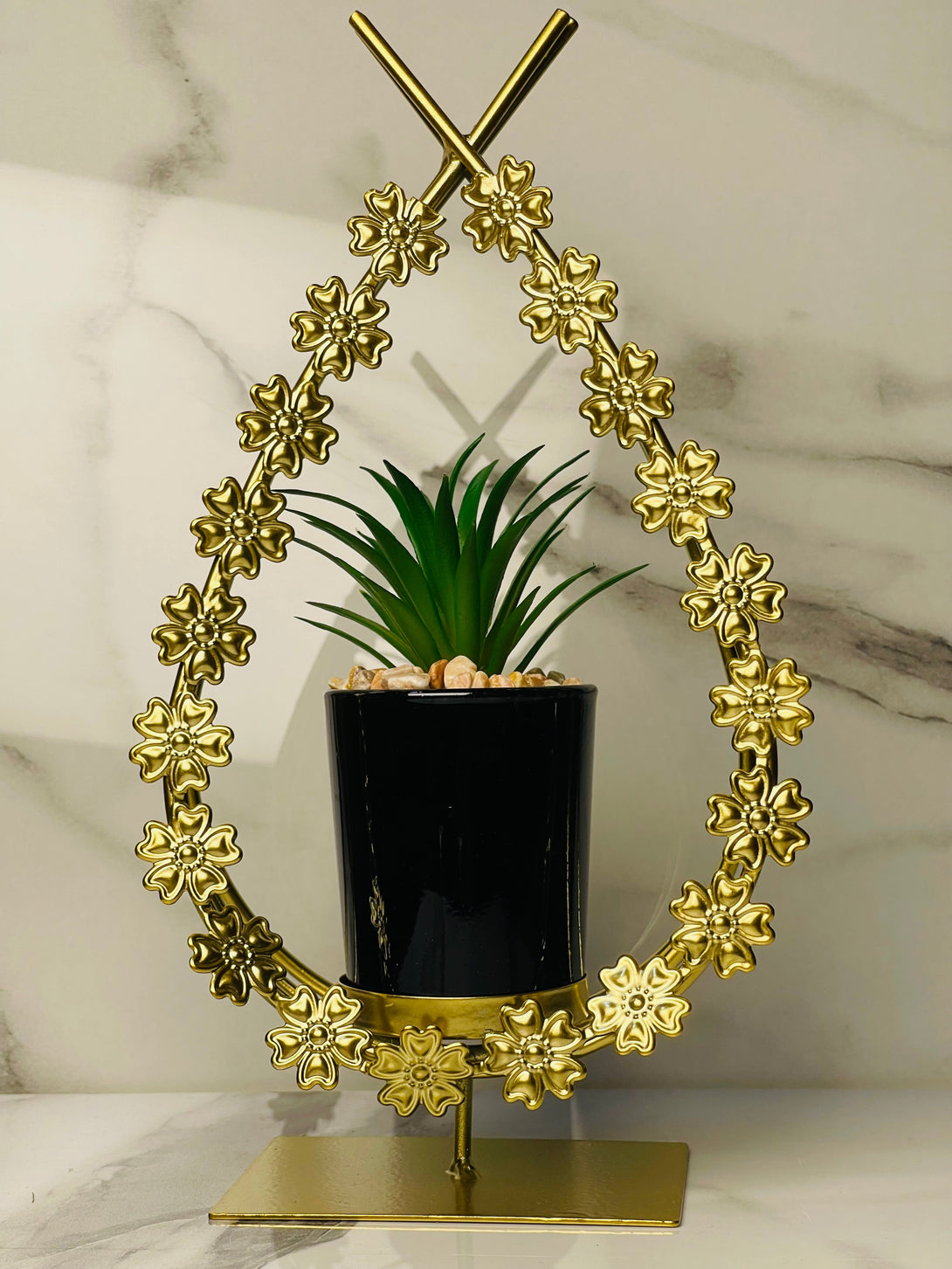 Metal Floral Frame with Ceramic Cactus Plant – Elegant Tabletop Decor