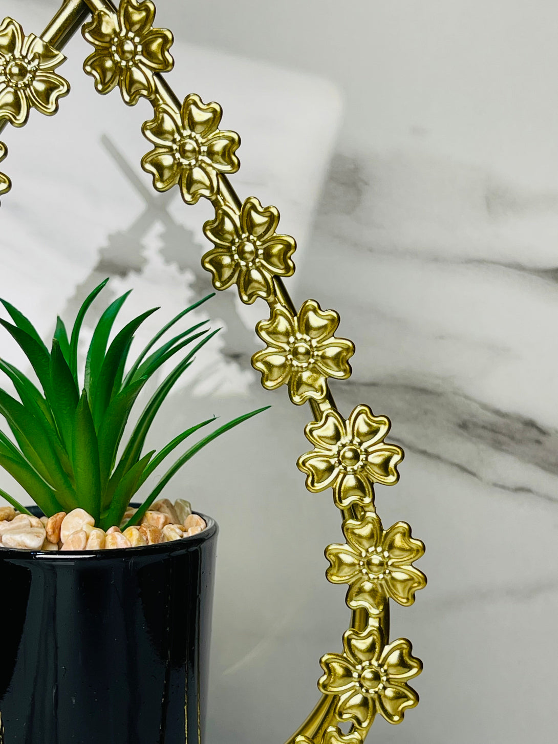 Metal Floral Frame with Ceramic Cactus Plant – Elegant Tabletop Decor