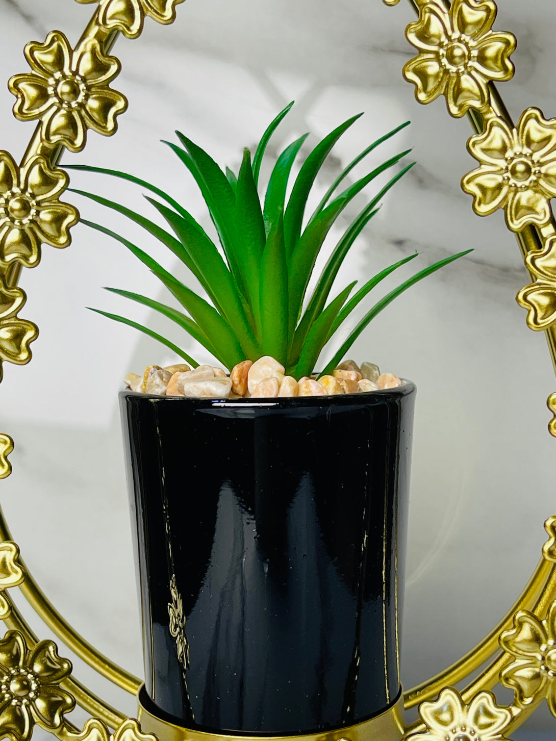 Metal Floral Frame with Ceramic Cactus Plant – Elegant Tabletop Decor