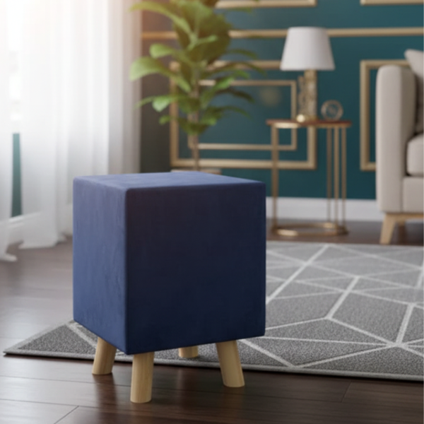 Navy Blue Velvet Ottoman Set – Wooden Legs, Cube Design
