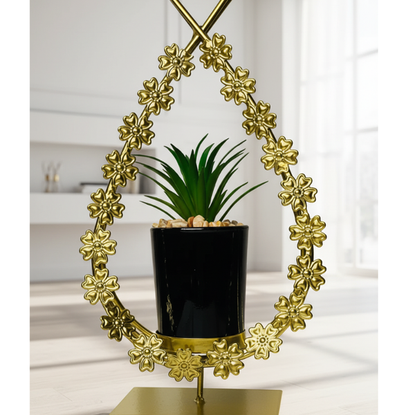 Metal Floral Frame with Ceramic Cactus Plant – Elegant Tabletop Decor