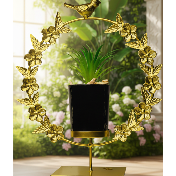 Bird & Floral Metal Frame with Ceramic Cactus – Elegant Home Decor Accent
