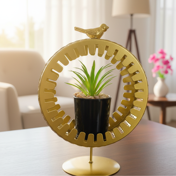 Golden Metal Frame with Bird Accent & Ceramic Cactus Plant – Elegant Table Decor