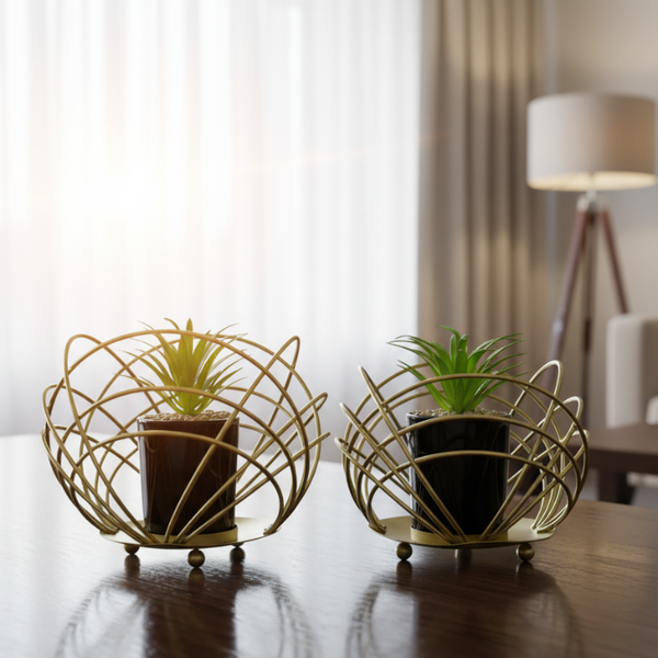 Set of 2 Metal Wire Plant Holders with Ceramic Cactus – Home Decoration