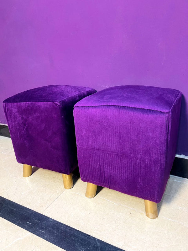 Purple Velvet Ottoman Stool Set – Wooden Legs, Soft Finish