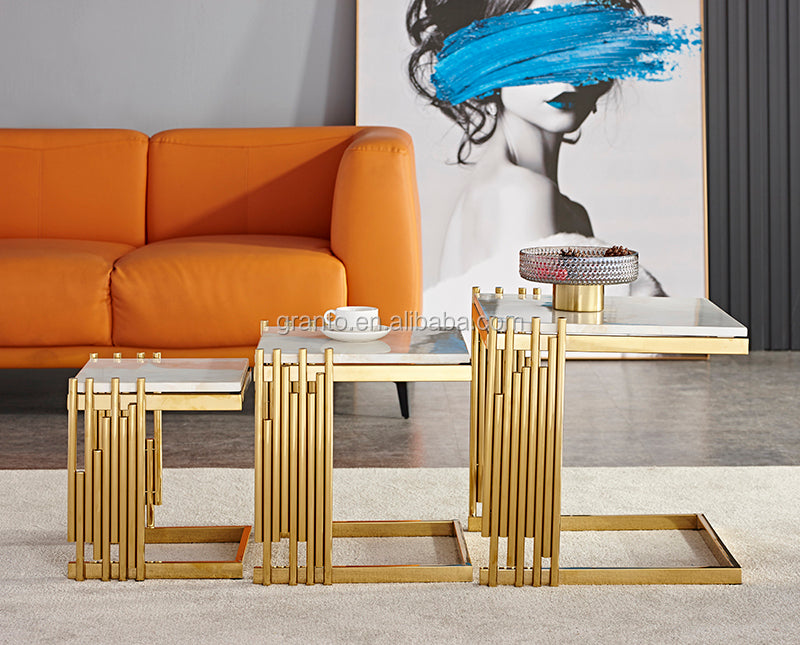 Luxury Livingroom Iron  furniture  coffee table set marble Texture top side table set