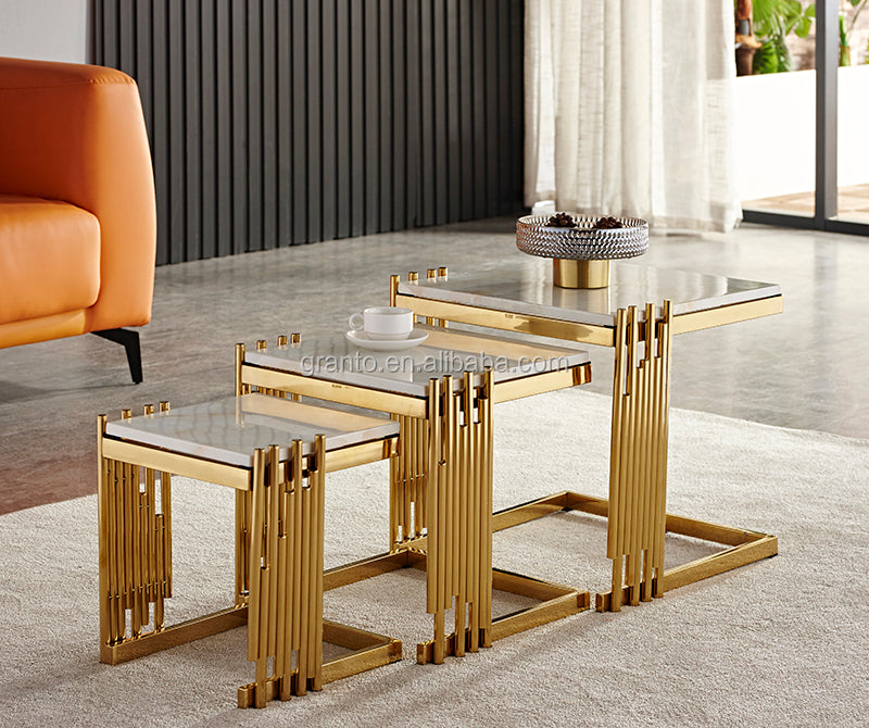 Luxury Livingroom Iron  furniture  coffee table set marble Texture top side table set